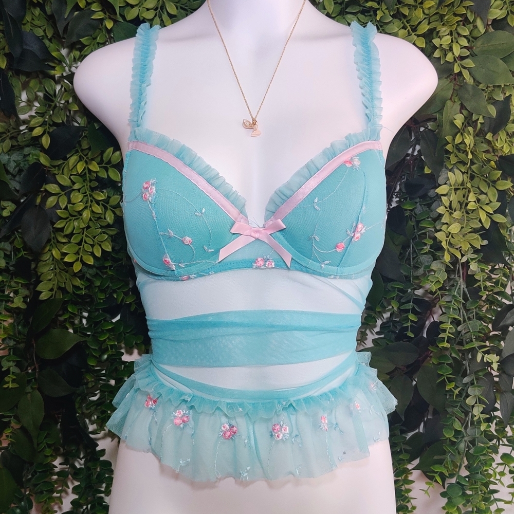 embroidered blue and pink floral slip with frills